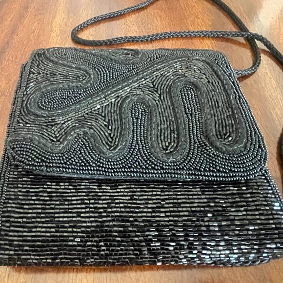Lord & Taylor Black Beaded Crossbody Purse Bag 6" x 6"! - Picture 2 of 6